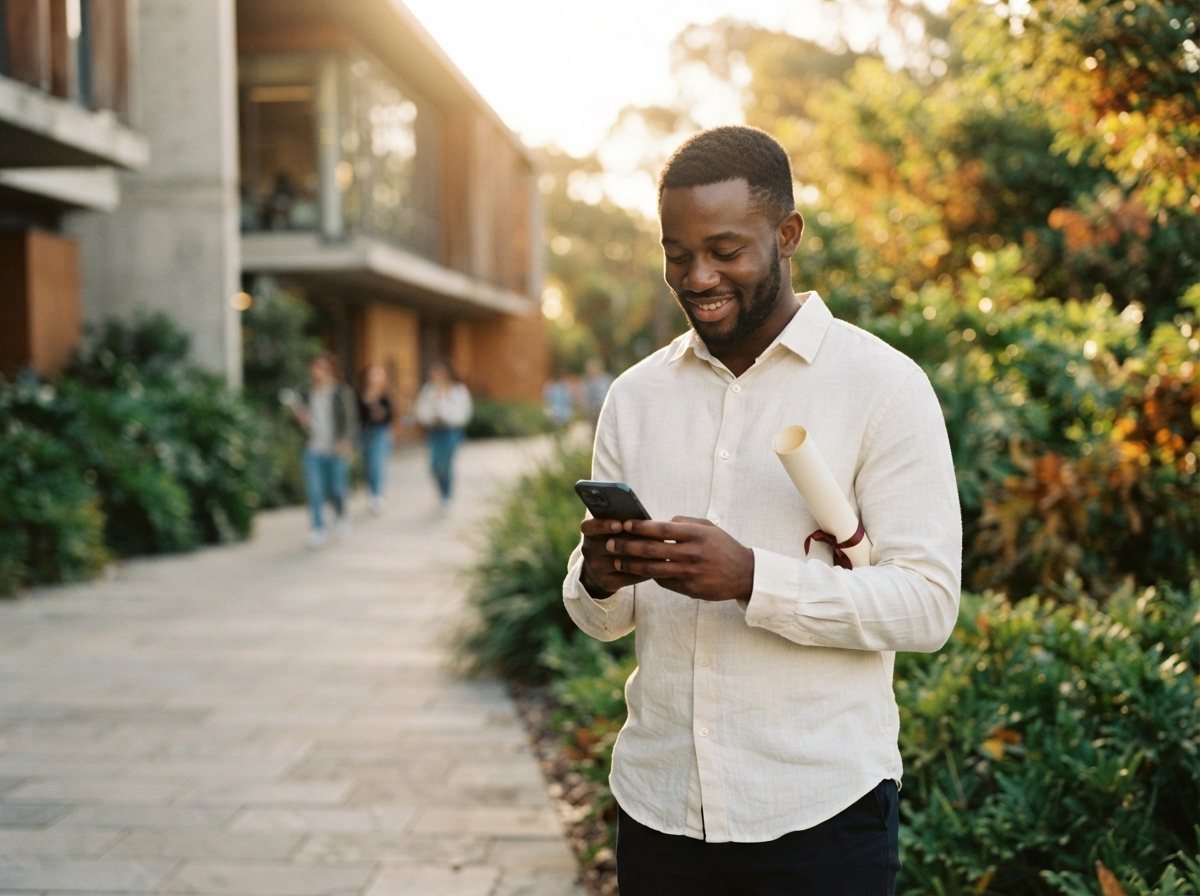 A recent graduate reading good news on his phone